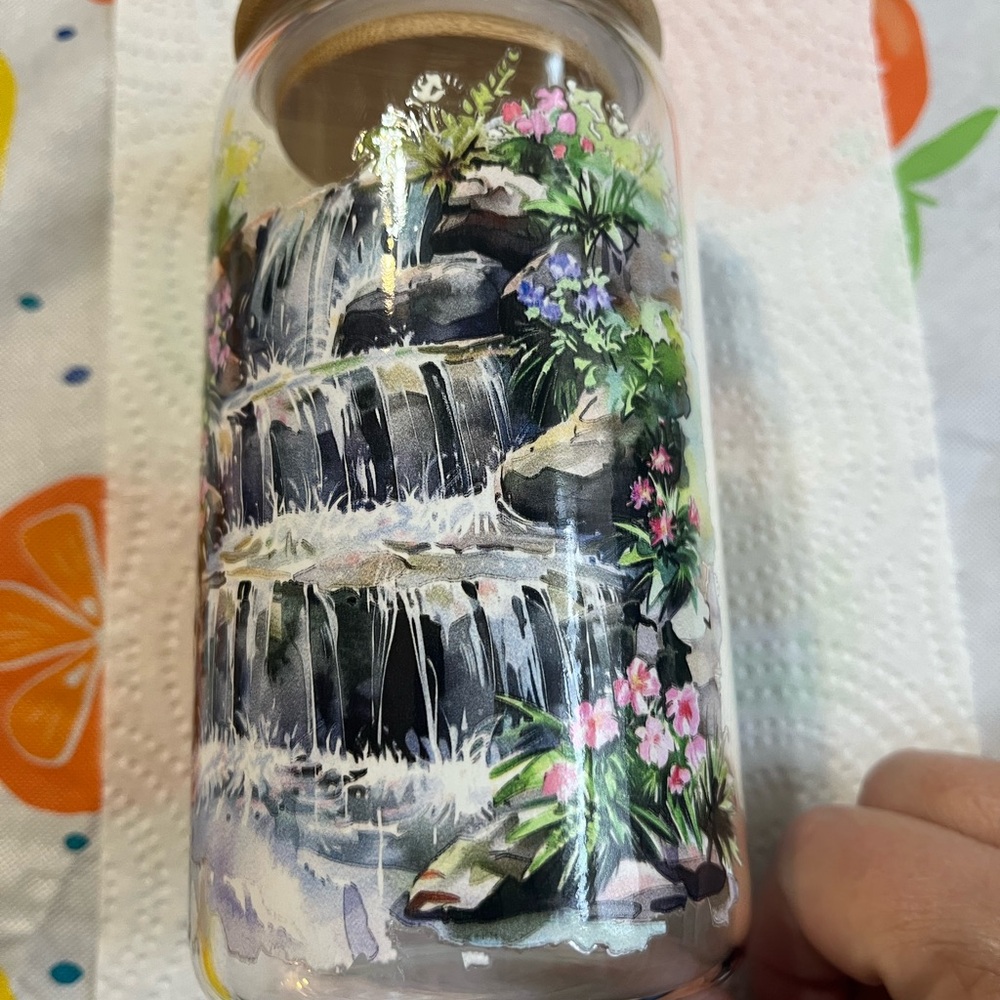 Scenic Waterfall Art Glass Tumbler